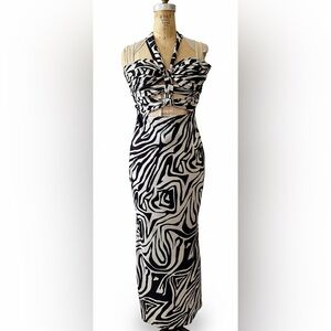 NWT Ronny Kobo Lopte Cutout Halter Maxi Dress Zebra Print Crepe Sz Small $548
